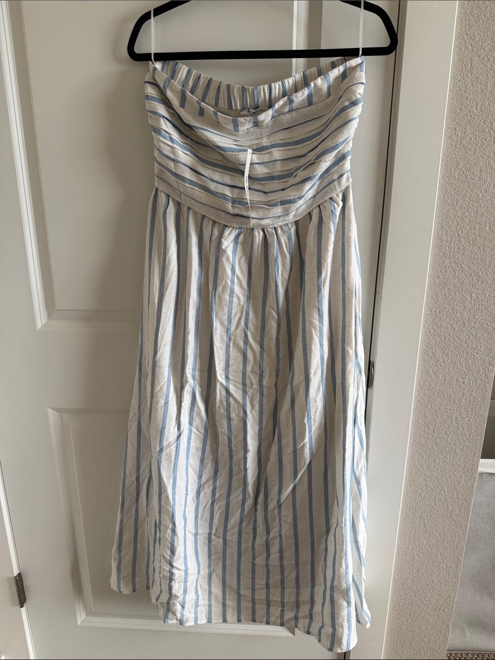 Striped Strapless Midi Dress in Light Blue and White